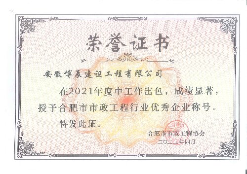 2021年度合肥市市政乐投（中国）一站式服务平台行业优秀企业称号