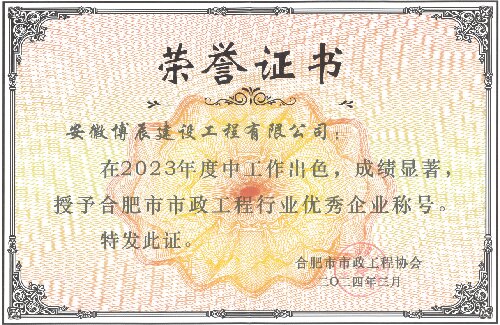 合肥市市政乐投（中国）一站式服务平台行业优秀企业称号